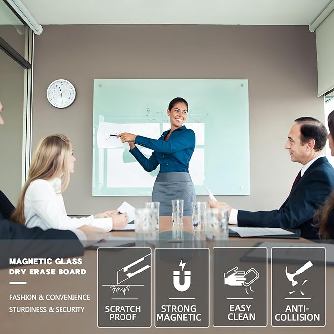Glass Magnetic White Board - 48 x36 Inches Dry Erase Glass Whiteboard for Wall, Wall Mounted Glass Board for Office and Schools