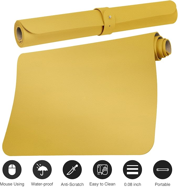 ‎Boutilon Leather Desk Pad 30" x14",Non-Slip Mouse Pad,Office Desk Mat,Waterprooft PU Leather Desk Blotter,Desk Pad Protector,Desk Writing Pad for Home Office Decor (M-Yellow)