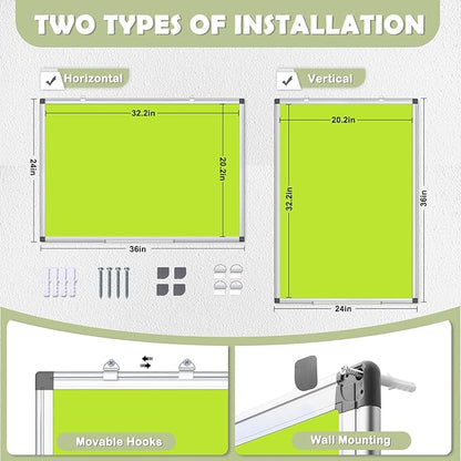 WALGLASS Magnetic Whiteboard 36"x24" Dry Erase White Board for Walls with Pen Tray, Aluminium Frame and Dry-Wipe Writing Surface for Kids' Drawing, Home, and Office (Green)