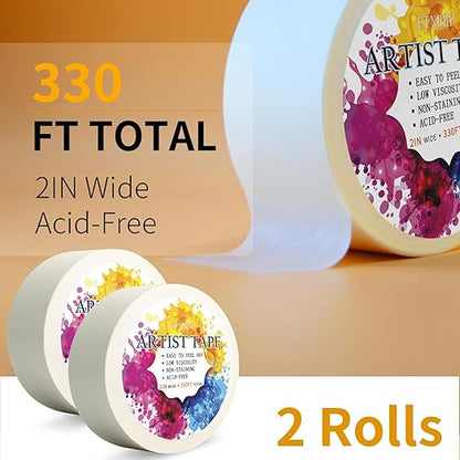 2 Packs White Artist Tape for Watercolor Paper Drafting Art Low Tack Masking Tape Acid Free Painter Watercolor Tape for Painting Canvas Framing, 2inch Wide 330FT Long Total
