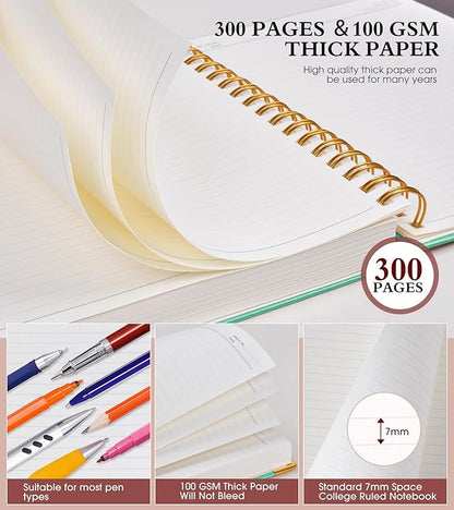 Spiral Notebook Journal 7.6” x 10”, 300 Pages Hardcover Leather Lined Journals for Women Men, B5 Large College Ruled Notebooks with 100 GSM Thick Paper, Spiral Journal for Writing Work School, Teal