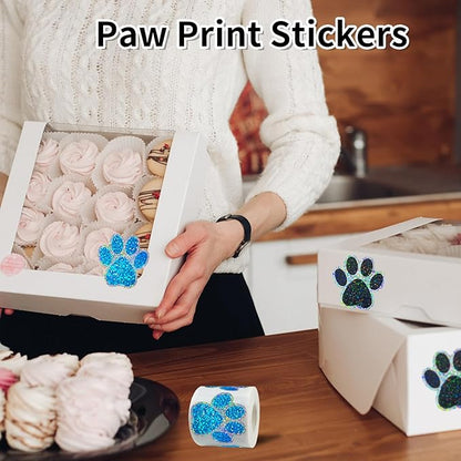 2 Inch Paw Stickers,300Pcs Sparkle Blue Paw Stickers,Self-Adhesive Holographic Shiny Bear Paw Stickers Roll for Kids Birthday Decor Envelopes Seals Cards Gift Wrap