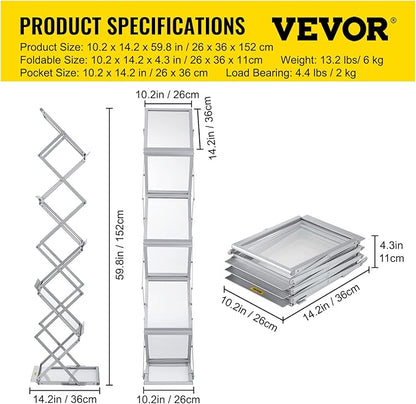 VEVOR Collapsible Literature Rack, Dual-Sided 6-Slot Leaflet Holder, Easy-to-Transport Brochure Stand with Travel Bag for Conferences and Office Use