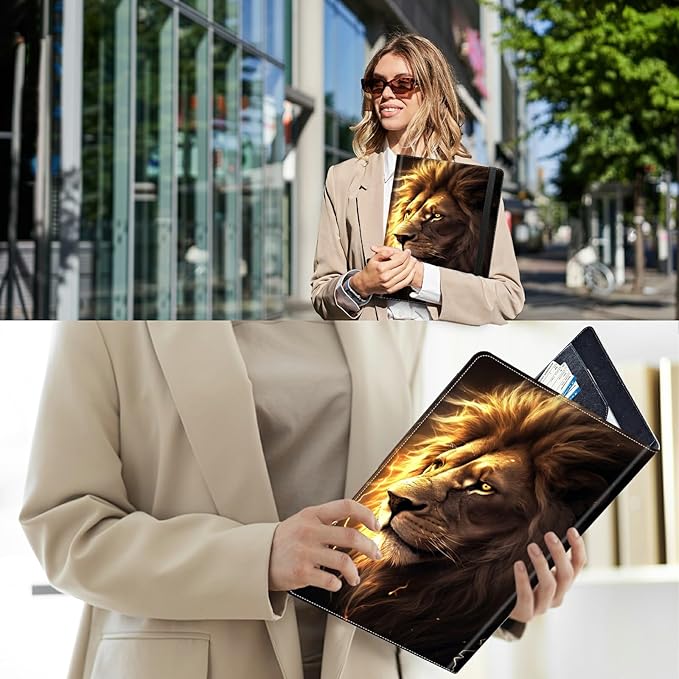 PU Leather Padfolio Folder Clipboard Portfolios Organizer Conference Document Organizer with Business Card Holder Storage Clipboard Writing Pad,Lion with Lightning