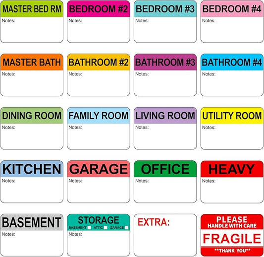 600 Count Home Moving Labels, 3 x 2 Large Labels for 3-4 Bedroom House with Writable Notes Areas, 17 Color Coded Moving Labels for Boxes + Fragile Moving Stickers + Heavy and Blank Labels