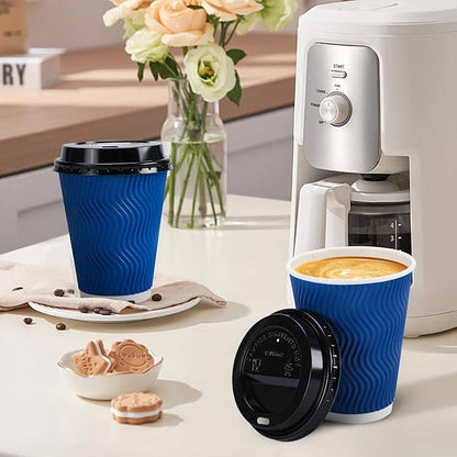 500 Pack Coffee Cups with Lids 12oz, Disposable Insulated Ripple Wall To Go Paper Coffee Cups for Hot/Cold Drinks Office Home Shop Event (Navy)