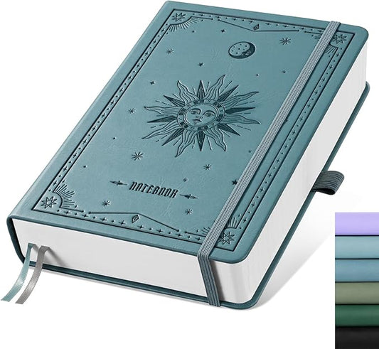 EMSHOI A5 Hardcover Leather Journal - 320 Pages, 100GSM Thick Notebook Lined Journal for Writing Women & Men, College Ruled, Sun Design- Light Blue (5.75" x 8.38")