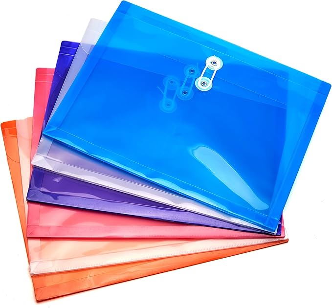 Plastic Letter Size Envelopes with Button & String Tie Closure, 1-1/6" Expansion, Side Load, Clear Poly Reusable File Folders Project Paper Documents Organizer for Office School & Home