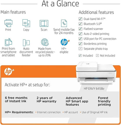 HP Envy 6458e All-in-One Wireless Color Inkjet Printer, Print Copy Scan - 10 ppm, 4800 x 1200 dpi, Auto 2-Sided Printing, 35-Sheet ADF, Dual-Band WiFi, Instant Ink Ready, White (Renewed)