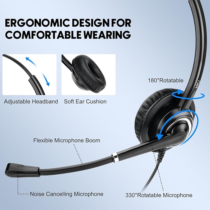 MKJ Telephone Headset with Microphone Noise Canceling Corded RJ9 Dual Ear Cisco Headset for Cisco Landline Phone CP-7821 CP-7841 7931G 7940 7942G 7945G 7960 7962G 7965G 7970 8841 8865 8961 9951