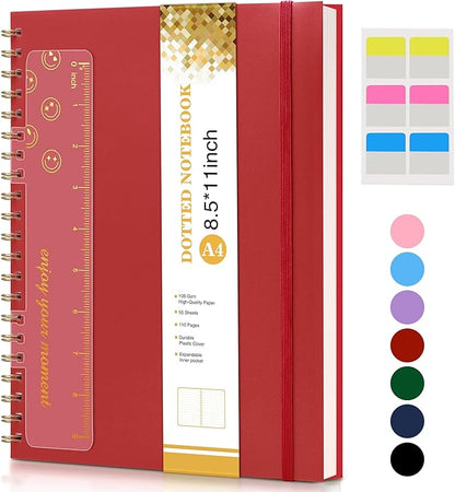 Dotted Notebook, Spiral Notebook Journal 8.5” x 11”, A4 Large Dot Grid Notebooks for Women Men, 100 GSM Dotted Paper, Plastic Hardcover Spiral Bullet Dotted Journals for Work School Sketching, Red