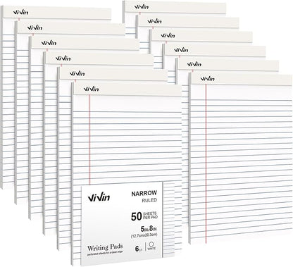 ViVin 5 x 8 Inch Note Pads, 12 Pack, Narrow Ruled, 50 Sheets Per Writing Pad, Perforated, Legal Pads Ideal for Home, Office, Business, 600 Sheets (12 Pack of 50)，White Paper