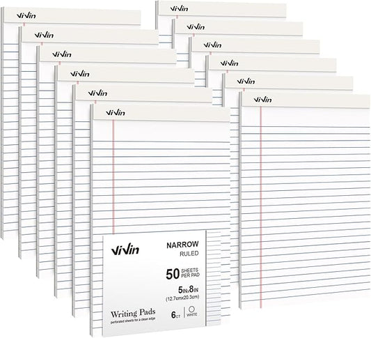 ViVin 5 x 8 Inch Note Pads, 12 Pack, Narrow Ruled, 50 Sheets Per Writing Pad, Perforated, Legal Pads Ideal for Home, Office, Business, 600 Sheets (12 Pack of 50)，White Paper