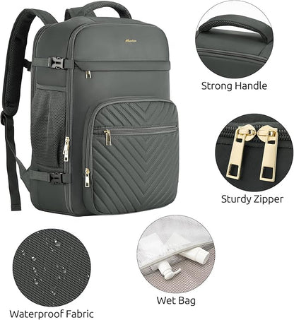 Travel Backpack for Women, Carry On Backpack for Airplanes Flight Approved, Waterproof Large Weekender Overnight Bag Fit 17 Inch Laptop with USB Charging Port, Olive Green
