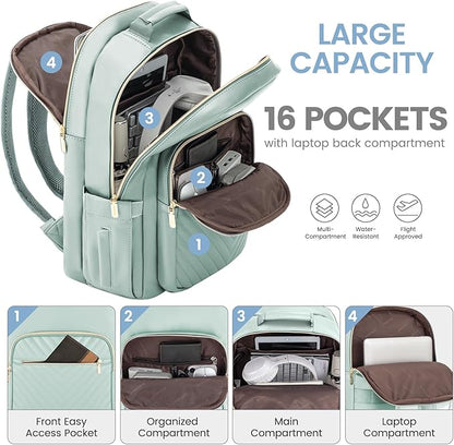 LOVEVOOK Leather Backpack for Women,17.3 inch Leather Laptop Backpack Women Computer Backpack Laptop Bag,Stylish Quilted Travel Backpack Purse Work College Teacher Backpack with USB Port,Powder Blue