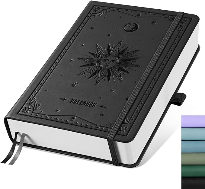 EMSHOI Bullet Dotted Journal Notebook - 320 Pages, 100gsm Thick Paper, A5 Hardcover Leather, Dot Grid Notebook for Women Men Work Writing, Bullet Journaling, Drawing, 5.75 x 8.38, Black