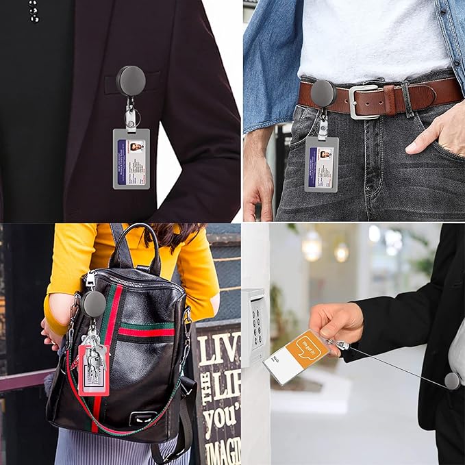 Will Well ID Badge Holder Reel with Clip and Keyring - Heavy-Duty All-Metal Casing with 27.5" UHMWPE Fiber Pull Cord for Durability and Easy Access, Holds up to 8 Keys - 4-Pack, Round, Glossy Black