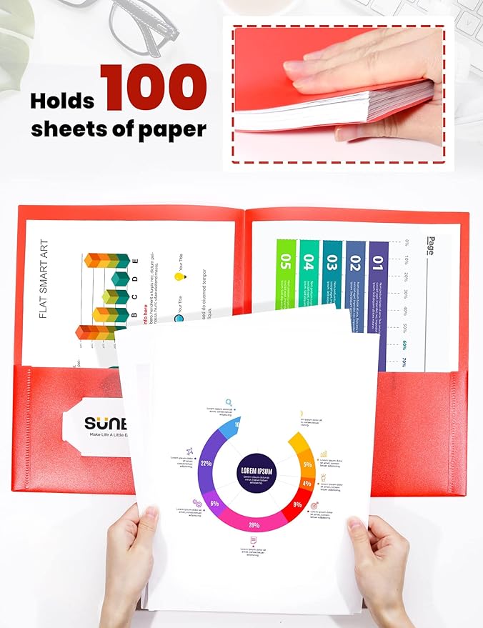 SUNEE 2 Pocket Folders (12 Pack, Red) Heavy-Duty Plastic Folders with Pockets, Fit 8.5x11 Letter Size Paper, 2-Pocket File Folders for Kids, Home, School, Office