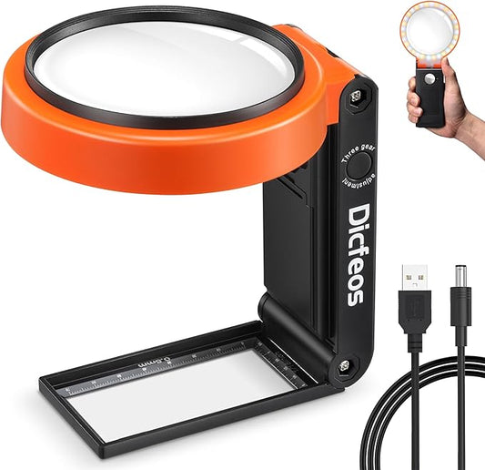 30X 40X Magnifying Glass with Light and Stand, Non-Rechargeable, Folding Design 32 LED Illuminated for Close Work, Handheld Large Glasses Reading, Powered by Battery or USB