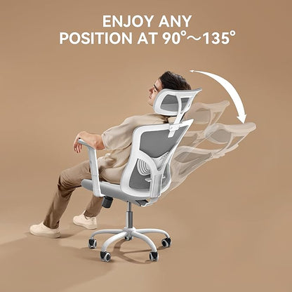 NOBLEWELL Ergonomic Office Chair, Desk Chair with 2'' Adjustable Lumbar Support, Headrest, 2D Armrest, Office Chair Backrest 135° Freely Locking and Rocking, Computer Chair for Home Office