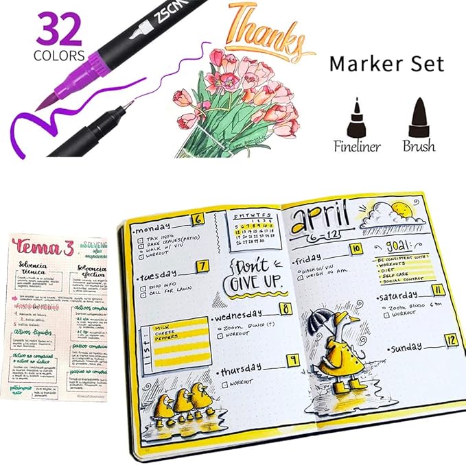 ZSCM 32 Colors Duo Tip Brush Markers Art Pen Set, Artist Fine and Brush Tip Colored Pens, for Adult Coloring Books Christmas Cards Drawing, Note taking Lettering Calligraphy Journaling
