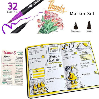 ZSCM 32 Colors Duo Tip Brush Markers Art Pen Set, Artist Fine and Brush Tip Colored Pens, for Adult Coloring Books Christmas Cards Drawing, Note taking Lettering Calligraphy Journaling
