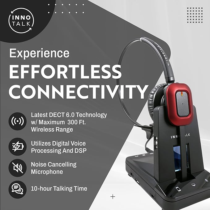 INNOTALK – Computer & Desk Wireless Bluetooth Phone Headset, Office Wireless Headset for Desk Phone & PCs & Bluetooth, Handsfree Headset & RJ9 Adapter, 300 Ft. Long Range Wireless Headset