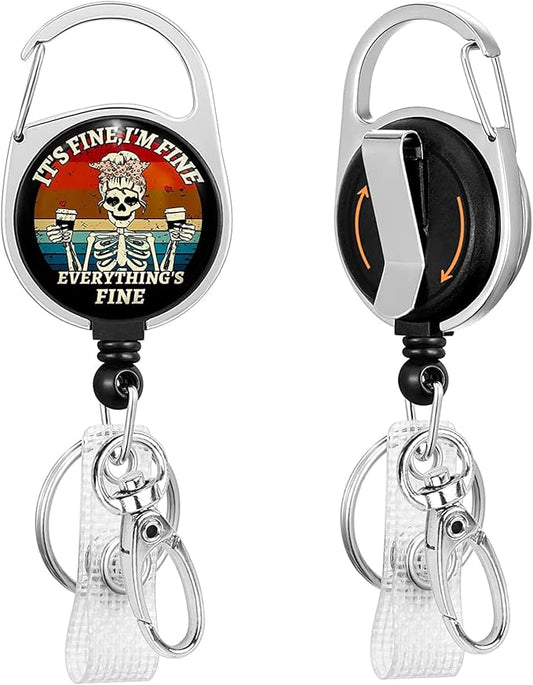 It's Fine I'm Fine Everything's Fine Funny Badge Reel Holder Retractable Heavy Duty with 360° Swivel Carabiner Belt Clip, Nurse Nursing Teacher Retractable Keychain ID Clip ID Holder Name Badge Clip