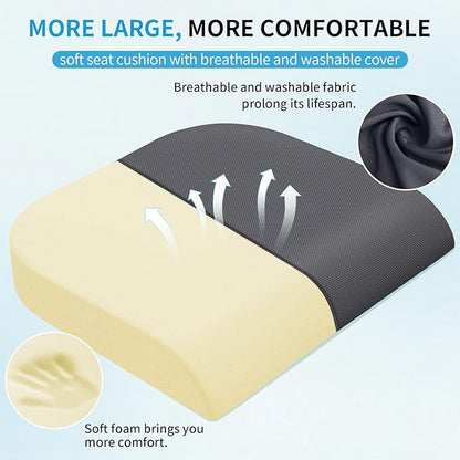 Large Seat Cushion，Soft Foam Cushion for Long Sitting Hours on Office Chair, Home & Car, Non-Slip Chair Pad for Relieving Back & Sciatica & Hip & Coccyx Pain (Grey)