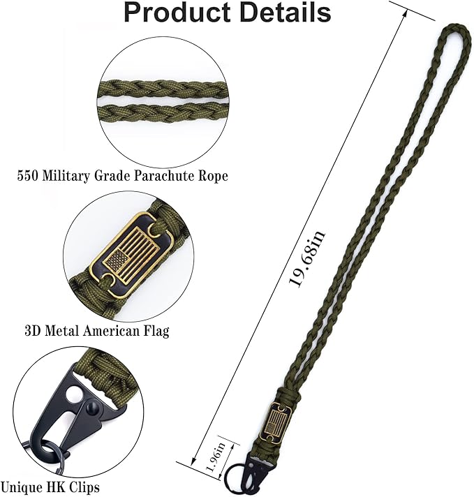 2 Pcs Heavy Duty Braided Paracord Lanyard Keychain with USA Flag, Parachute Rope Necklace Keychains, Braided Strong Lanyard with Metal HK Clip Key Ring for Outdoor Activities, Camera, Traveling