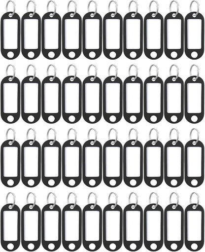 Uniclife 40 Pieces Key Tags 2 Inch Soft Plastic Key Chain Tags with Blank Paper Labels Clear Windows Protective Films and Split Rings Flexible Item Identifiers, Black