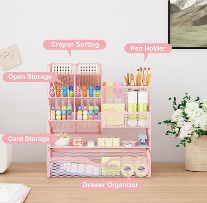Marbrasse Mesh Pen Holder for Desk, Desk Organizer with Drawer, Multi-Functional Pencil Organizer, Desk Organizers and Accessories for Office Art Supplies (Pink)