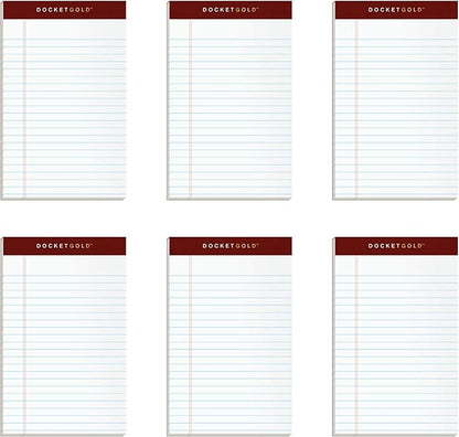 TOPS Docket Gold Writing Pads, 5" x 8", Jr. Legal Rule, 50 Sheets, 6 pack (99705), White