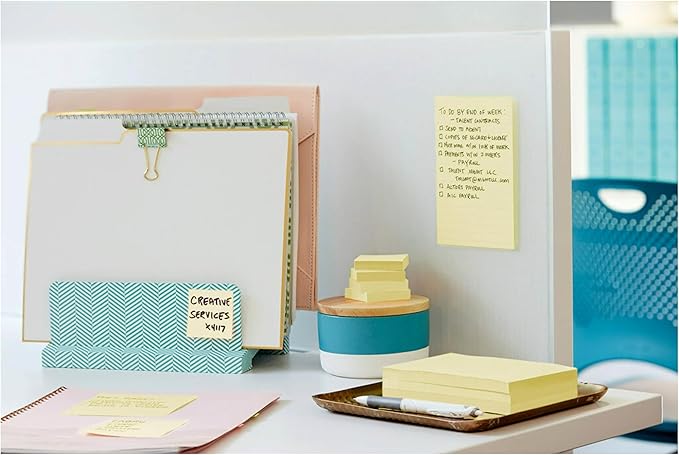 Post-it 100% Recycled Paper Super Sticky Notes, Canary Yellow, Lined, 4 in. x 6 in., 4 Sticky Note Pads, 45 Sheets per Pad, School Supplies and Office Products