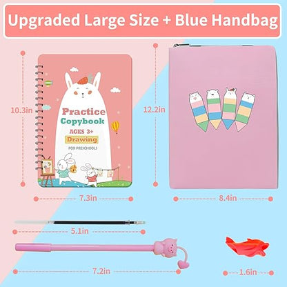 Reusable Grooved Handwriting Practice Workbook,Magic Practice Copybook,Reusable Writing Practice Book, for Preschool Kids Age 3-8 Calligraphy (Pink Bag, 10.3inx7.3in)