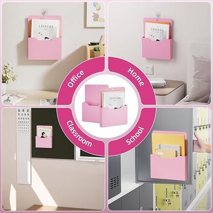 2 Pack Magnetic File Holder - Paper Holder, Pocket Organizer,Hanging Wall File Organizer Office Supplies Storage, Magazine Mail Organizer Case for Notebooks,Planners,Letter (Pink)