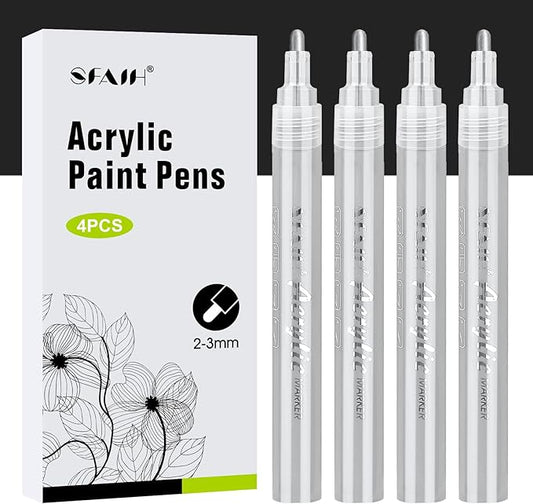 SFAIH Silve Paint Markers Paint Pens - 4 Pack 2-3MM Medium Tip Metallic Acrylic Markers for Rock Painting, Wood, Metal, Fabric, Plastic, Canvas, Glass, Ceramic, Diy Crafts, Drawing, Tire