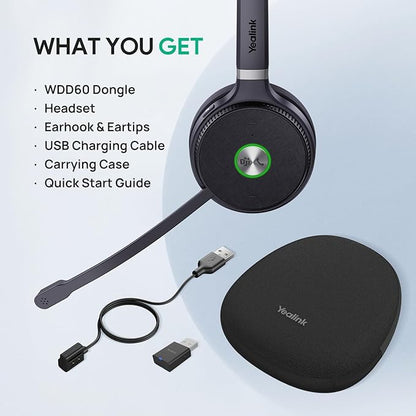 Yealink WH62 Portable Wireless Headset with DECT Dongle, Headset for Teams, Zoom Skype Certified, Office Work Headset with 2X Noise Cancelling Mic, 13 Call Time, 393 ft Range for Computer, Desk Phone