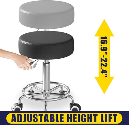 Rolling Stool, Heavy Weight Capacity 250lb, PU Leather Rolling stools, Ultra Soft Padded Seat, Rolling Stools with Wheels and Footrest, 360° Swivel, Spa Drawing Salon Work Office Tattoo Stool (black)