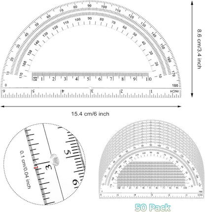 Zonon 50 Pieces Plastic Protractors Bulk Classroom Clear Math Protractors 180 Degrees 6 Inch Protractors for Geometry Student, Angle Measurement, Students Back to School Supplies Office Supplies