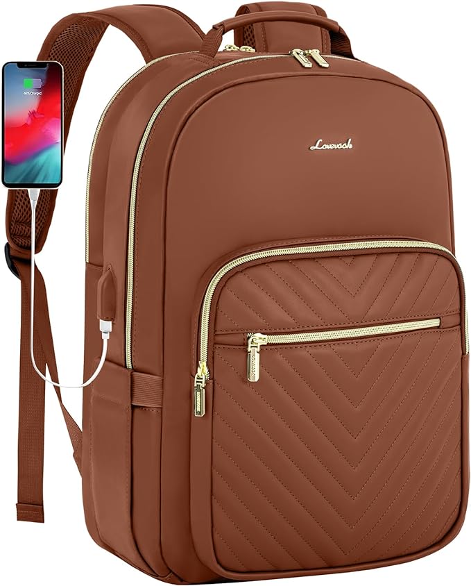 LOVEVOOK Leather Backpack for Women,15.6 inch Leather Laptop Backpack Women Computer Backpack Laptop Bag,Stylish Quilted Travel Backpack Purse Work Bag College Teacher Backpack with USB Port,Brown