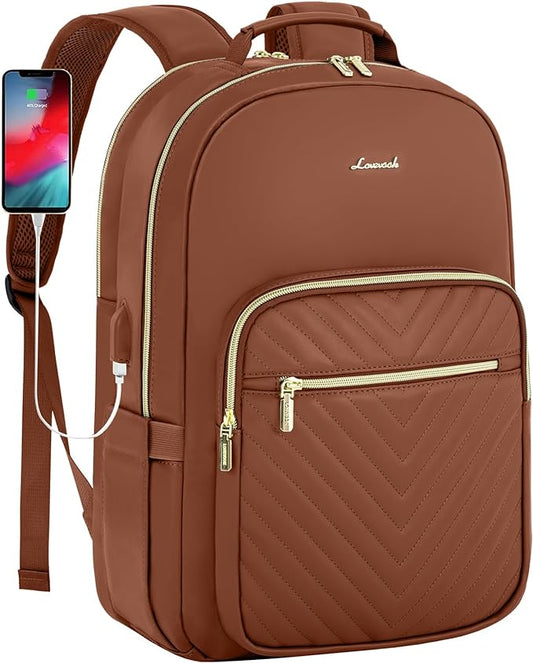 LOVEVOOK Leather Backpack for Women,15.6 inch Leather Laptop Backpack Women Computer Backpack Laptop Bag,Stylish Quilted Travel Backpack Purse Work Bag College Teacher Backpack with USB Port,Brown