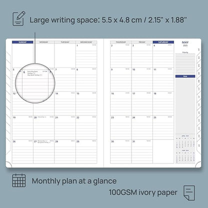 POPRUN 2025 Monthly Calendar 8.5" x 11", Large Writing Space Monthly Planner with PU Leather Soft Cover, Dual Pockets, Monthly Tabs, 100GSM Thick Paper, Sunday Start - Claret