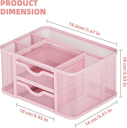 Marbrasse Mesh Desk Organizer, Pen Organizer with 2 Drawer, Multi-Functional Pencil Holder for Desk, Desk Organizers and Accessories with 5 Compartments + Drawer for Office Art Supplies (Pink)