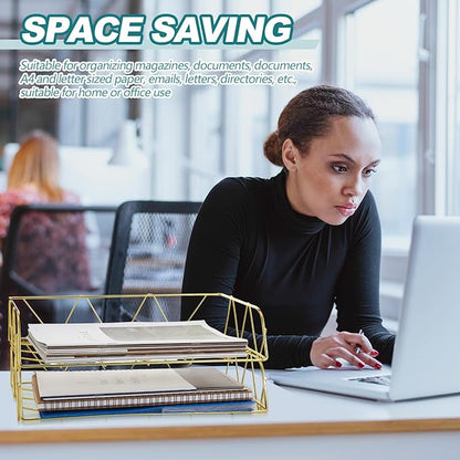 Yeaqee 4 Tier Stackable Paper Tray Gold Desk Organizer Rack Metal Letter Desk File Organizer Horizontal Holder File Trays for Desk Office Desktop Supplies and Accessories