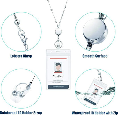Retractable Badge Reel Lanyard with 2 Pieces ID Holder for Women, Vzrflee Fashion Beaded Chain Premium Stainless Steel Lanyard Necklace Water Resistant Name Badge Holder
