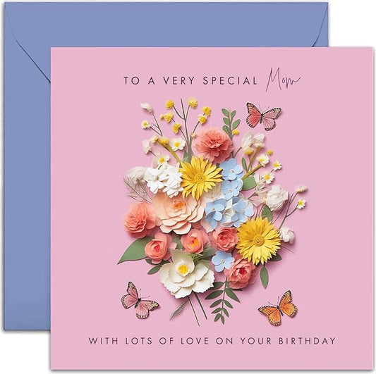 Old English Co. Special Mom Birthday Card for Her - Pink Flower Butterfly Birthday Card for Mom from Son Daughter - Cute Mom Birthday Card | Blank Inside Envelope