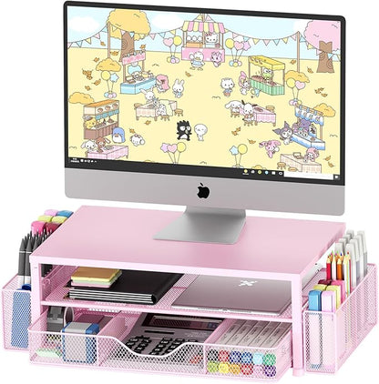 Desk Organizers and Accessories, 2-Tier Computer Monitor Stand for Desk Organizer with Drawer and 2 Pen Holders, Office Desk Accessories Workspace Desktop Organizers for Office Supplies, Pink