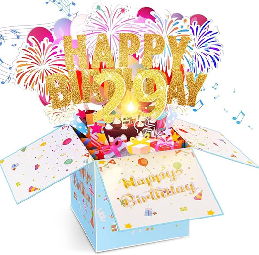 Tnvee 29TH Birthday Cards with Lights & Music & Candle, 3D Large Pop Up Happy Birthday Cards for Women Man Greeting Cards Decorations for 29 Years Old Mom Dad Wife Husband Friend