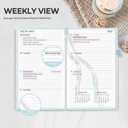 SUNEE 2025 Pocket Weekly Planner for Purse 3.5" x 6" - 12 Month (January 2025 - December 2025), Pocket Size Planner, Hardcover, Notes, Pocket, 100 GSM Paper, Grey Blue